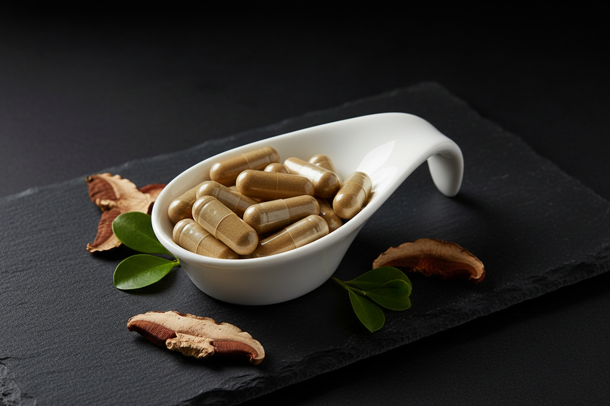 Reishi Schale Kapseln Schieferplatte