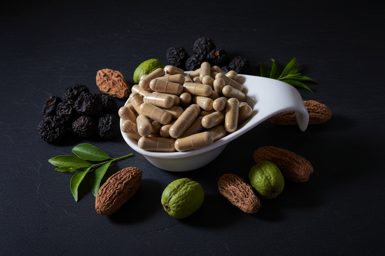 Triphala Kapseln mit ayurvedischer Deko