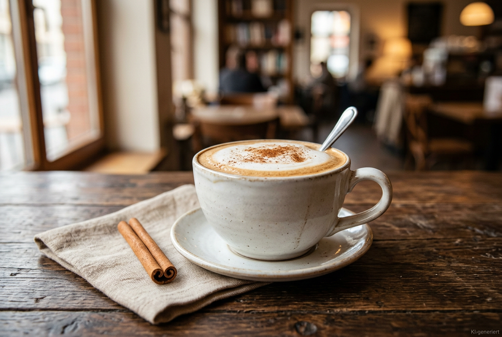 Zimt-Latte mit Zimtstangen und warmem Licht
